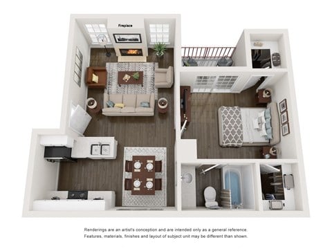 Floor plan for 1 bed, 1 bath, 627 sqft